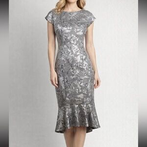 ECI Gray Silver Metallic Pewter Floral Check High Low Flounce Stretchy Dress